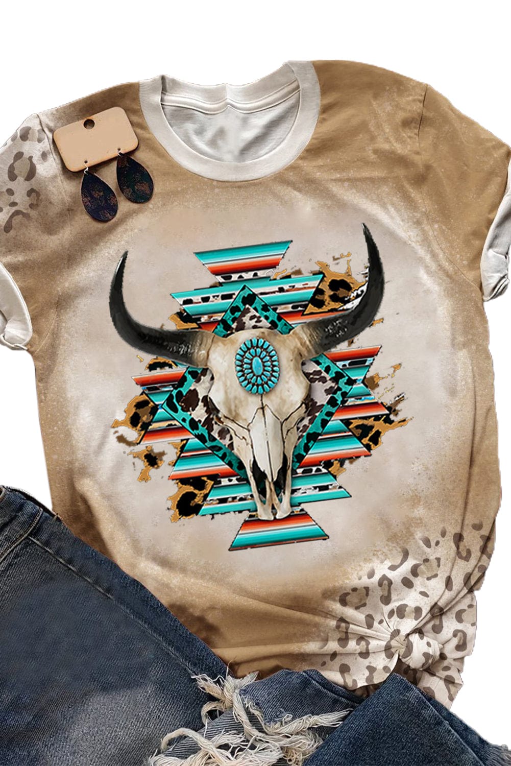 Khaki Aztec Steer Head Leopard Print Graphic Tee for Western Style