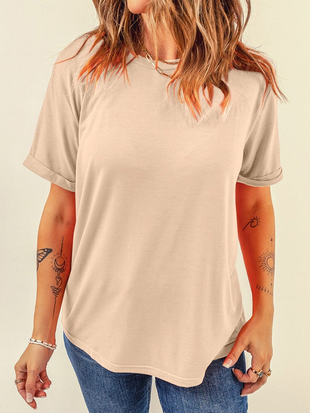 Khaki Basic Round Neck Short Sleeve Top