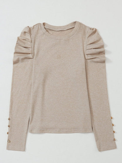 Khaki Buttoned Cuff Long Sleeve Sheath Blouse