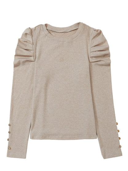 Khaki Buttoned Cuff Long Sleeve Sheath Blouse