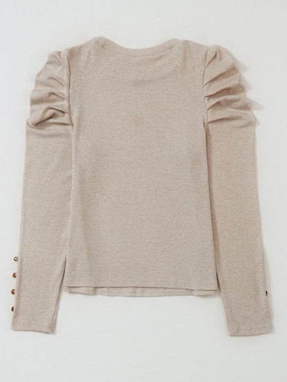 Khaki Buttoned Cuff Long Sleeve Sheath Blouse