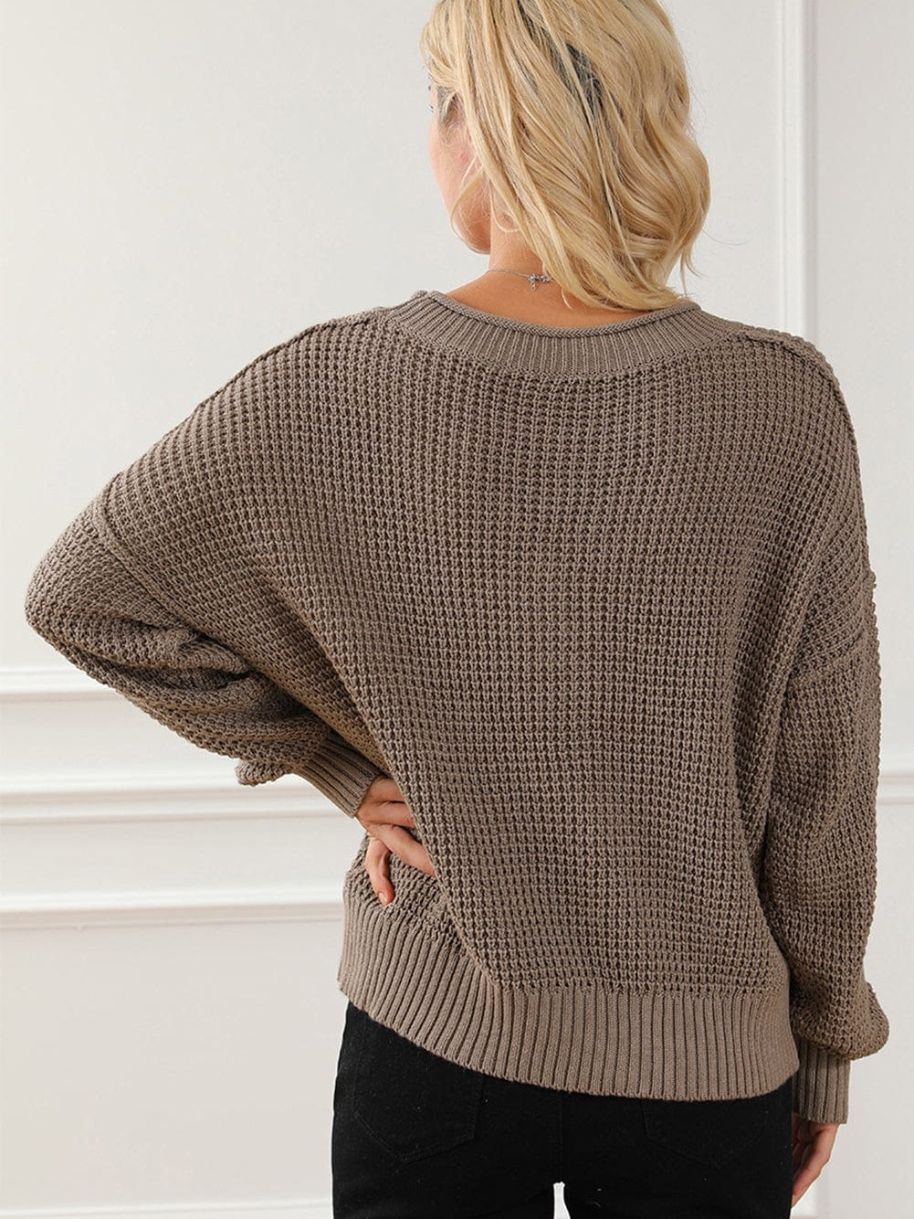 Khaki Buttoned V Neck Drop Shoulder Knit Sweater