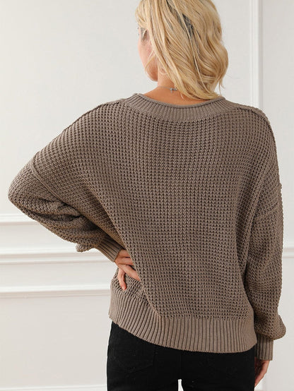 Khaki Buttoned V Neck Drop Shoulder Knit Sweater