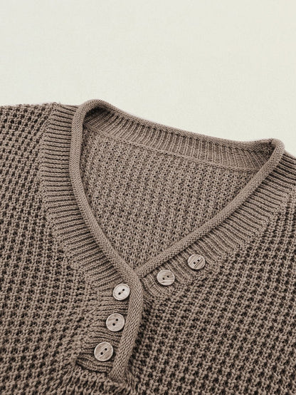 Khaki Buttoned V Neck Drop Shoulder Knit Sweater