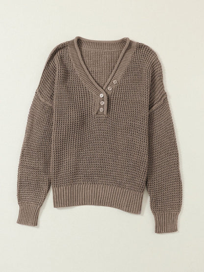Khaki Buttoned V Neck Drop Shoulder Knit Sweater