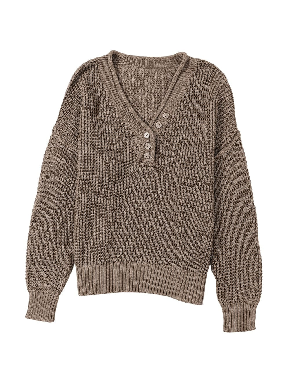 Khaki Buttoned V Neck Drop Shoulder Knit Sweater