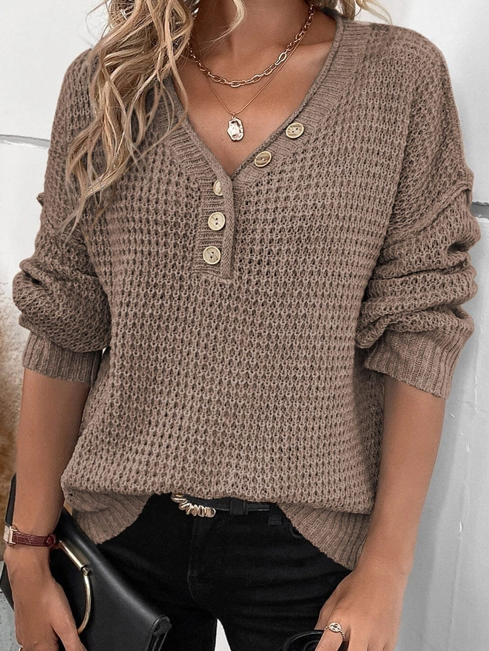Khaki Buttoned V Neck Drop Shoulder Knit Sweater