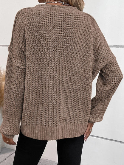 Khaki Buttoned V Neck Drop Shoulder Knit Sweater