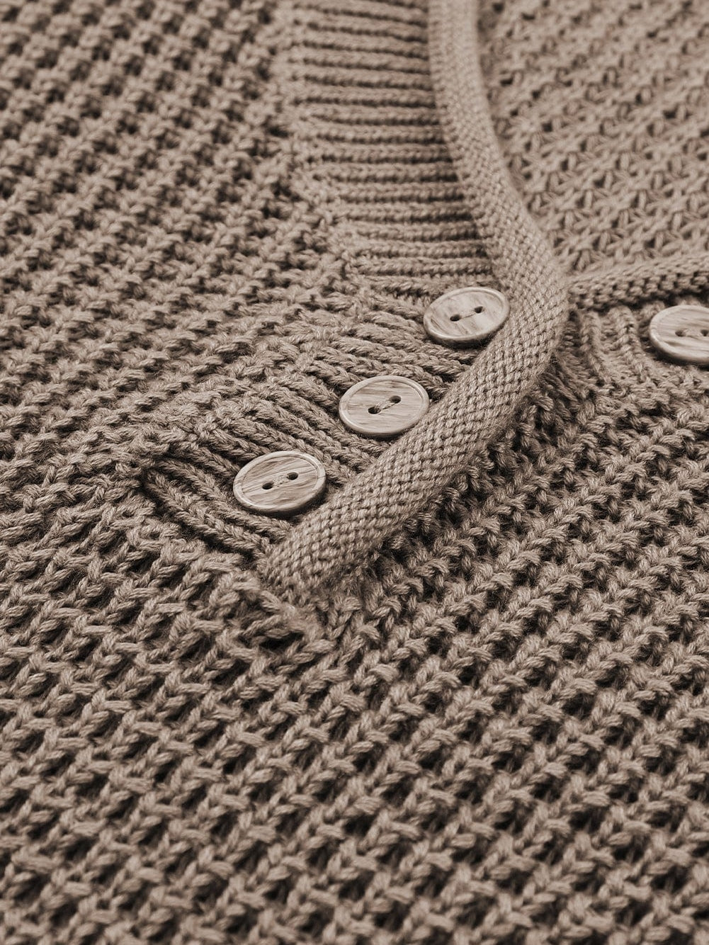 Khaki Buttoned V Neck Drop Shoulder Knit Sweater