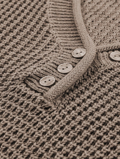 Khaki Buttoned V Neck Drop Shoulder Knit Sweater