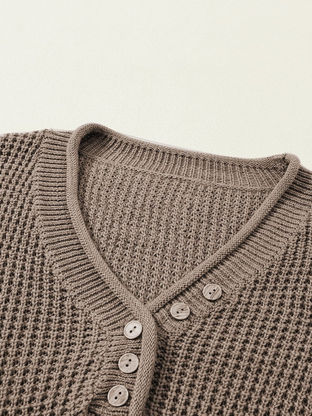 Khaki Buttoned V Neck Drop Shoulder Knit Sweater