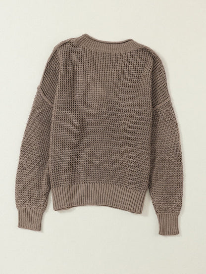 Khaki Buttoned V Neck Drop Shoulder Knit Sweater