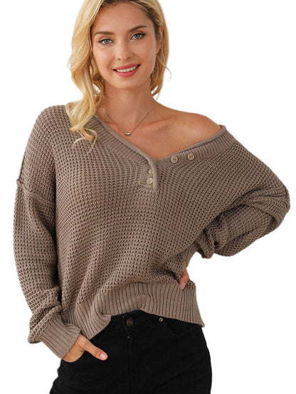 Khaki Buttoned V Neck Drop Shoulder Knit Sweater