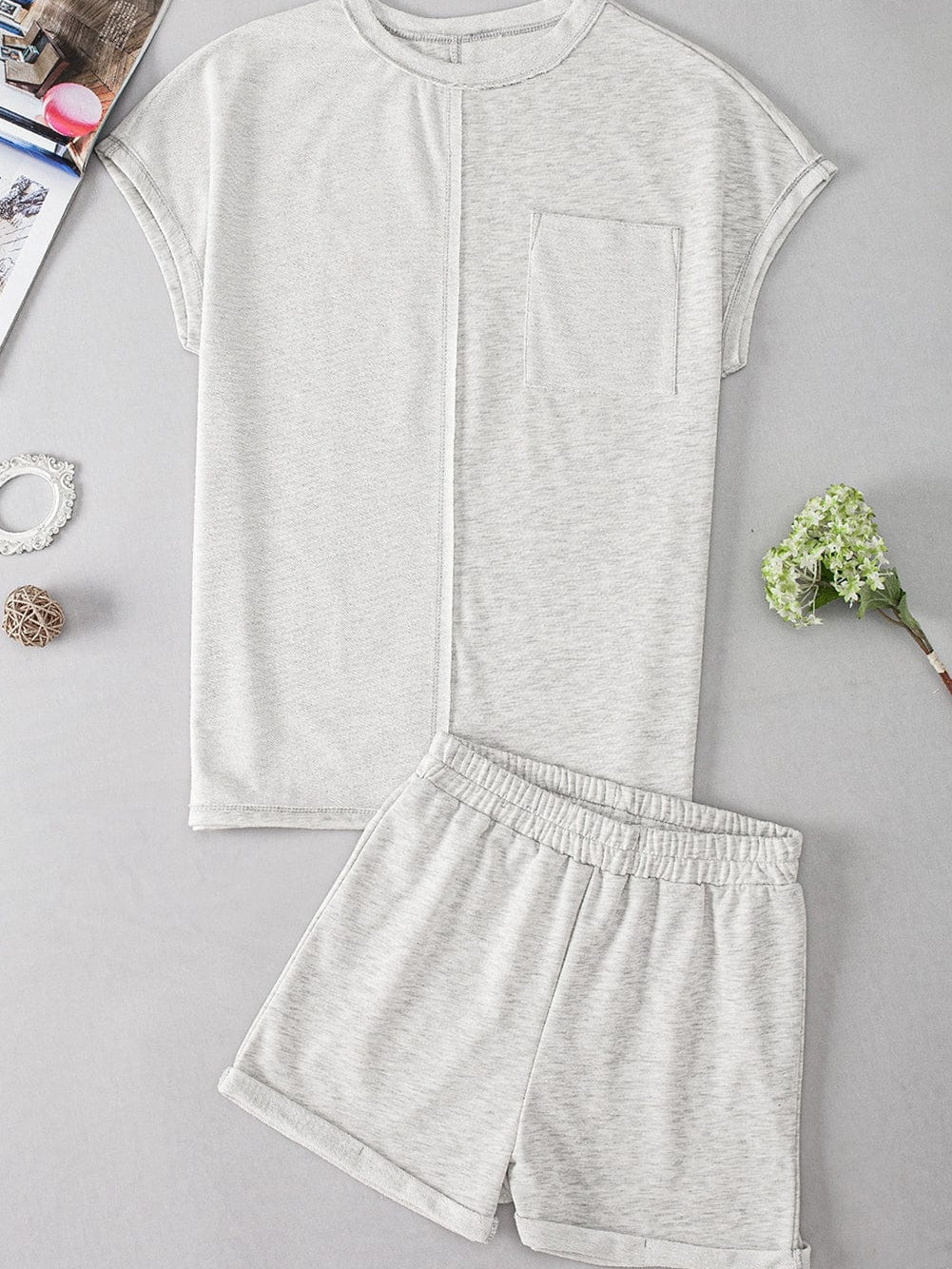 Khaki Colorblock Casual Tee and Shorts Set