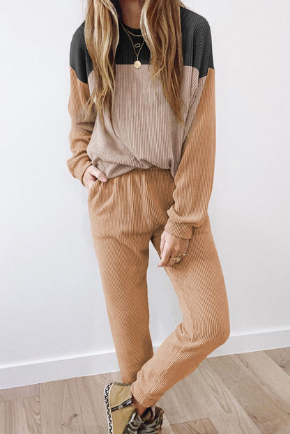 Khaki Colorblock Pullover and Jogger Pants Set