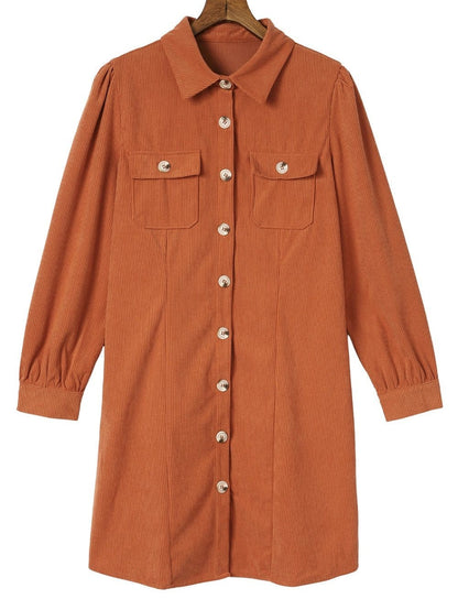 Khaki Corduroy Button-Up Long Sleeve Mini Dress