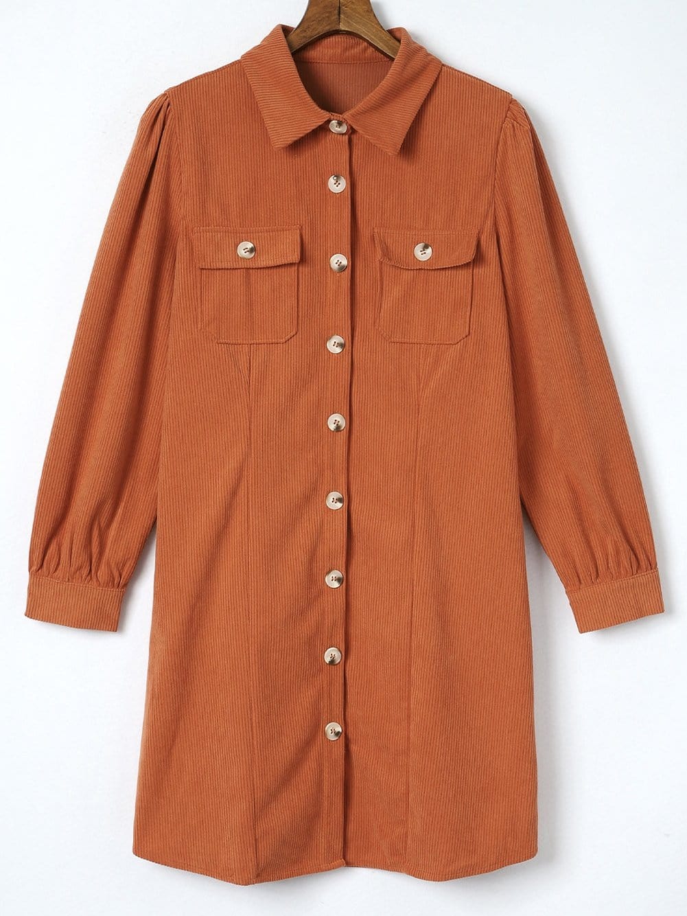 Khaki Corduroy Button-Up Long Sleeve Mini Dress