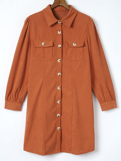 Khaki Corduroy Button-Up Long Sleeve Mini Dress