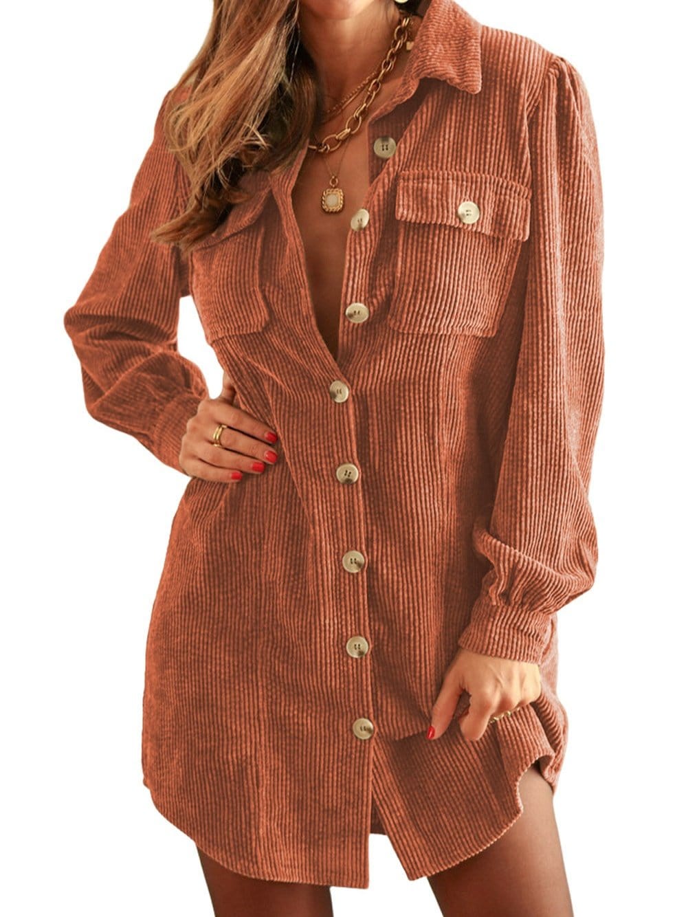 Khaki Corduroy Button-Up Long Sleeve Mini Dress