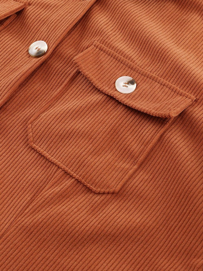 Khaki Corduroy Button-Up Long Sleeve Mini Dress