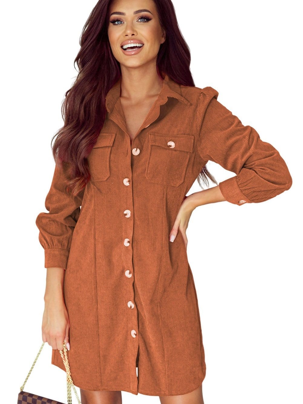 Khaki Corduroy Button-Up Long Sleeve Mini Dress
