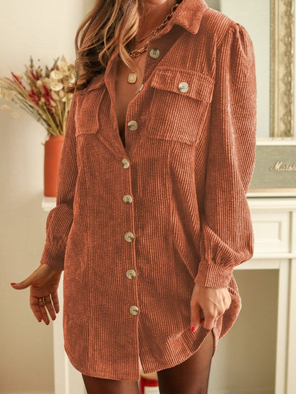 Khaki Corduroy Button-Up Long Sleeve Mini Dress