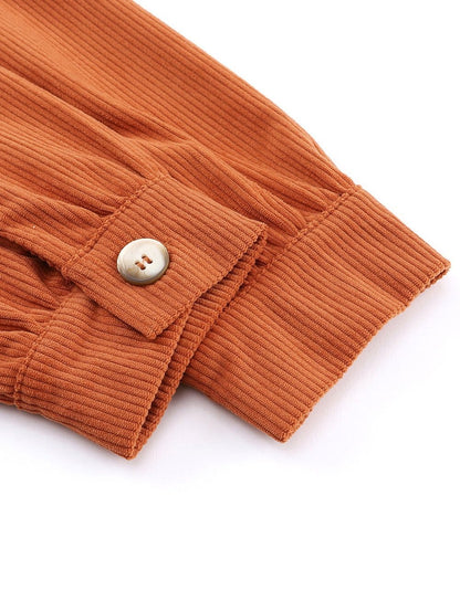 Khaki Corduroy Button-Up Long Sleeve Mini Dress