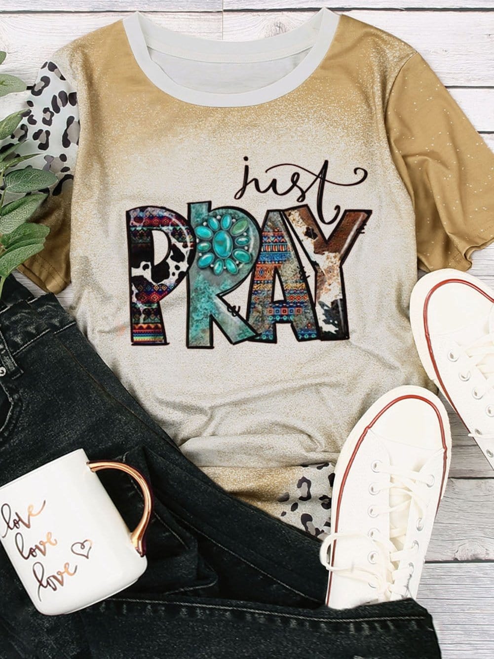 Khaki Cowboy Chic Just Pray Graphic T-Shirt