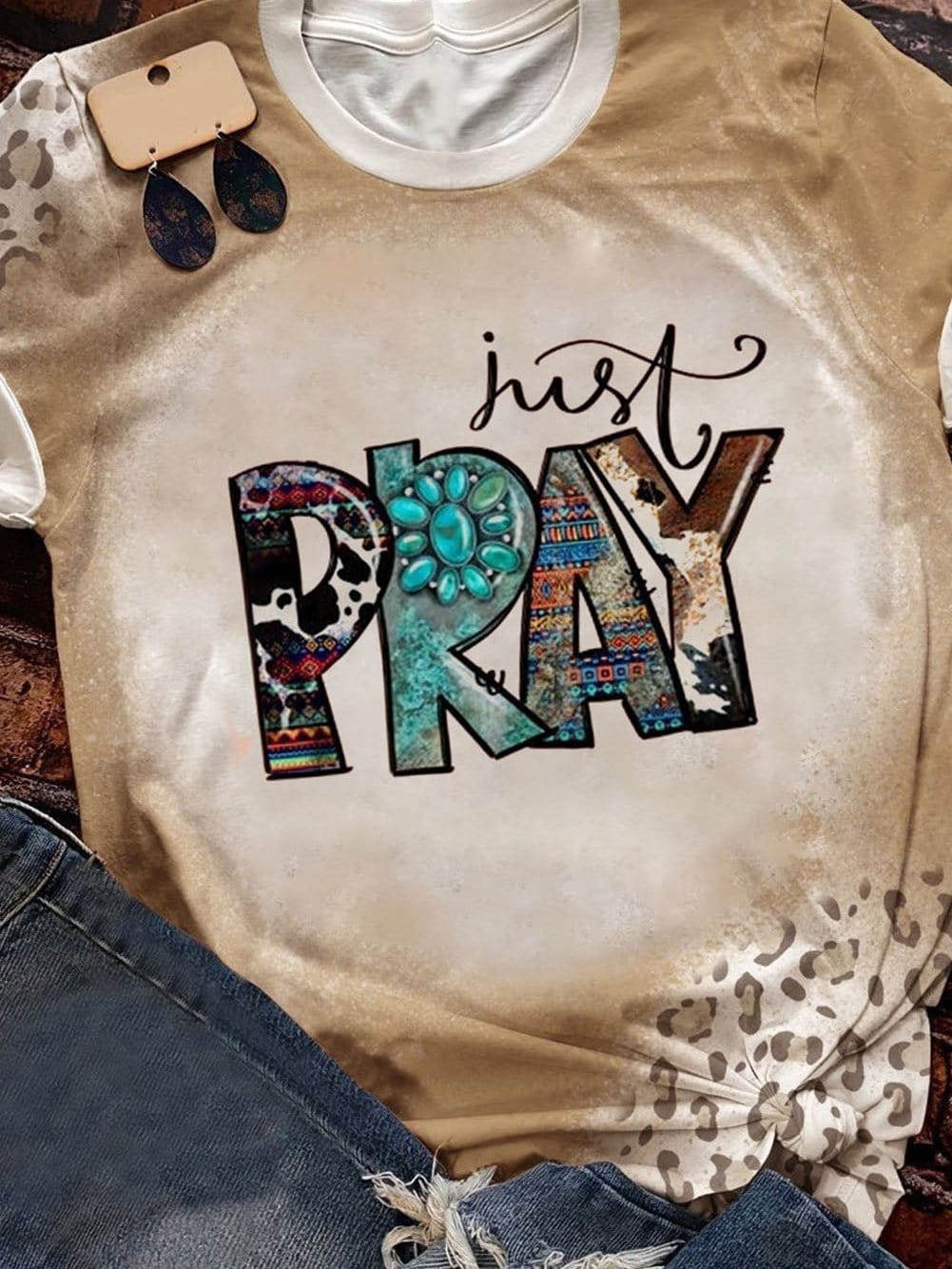Khaki Cowboy Chic Just Pray Graphic T-Shirt