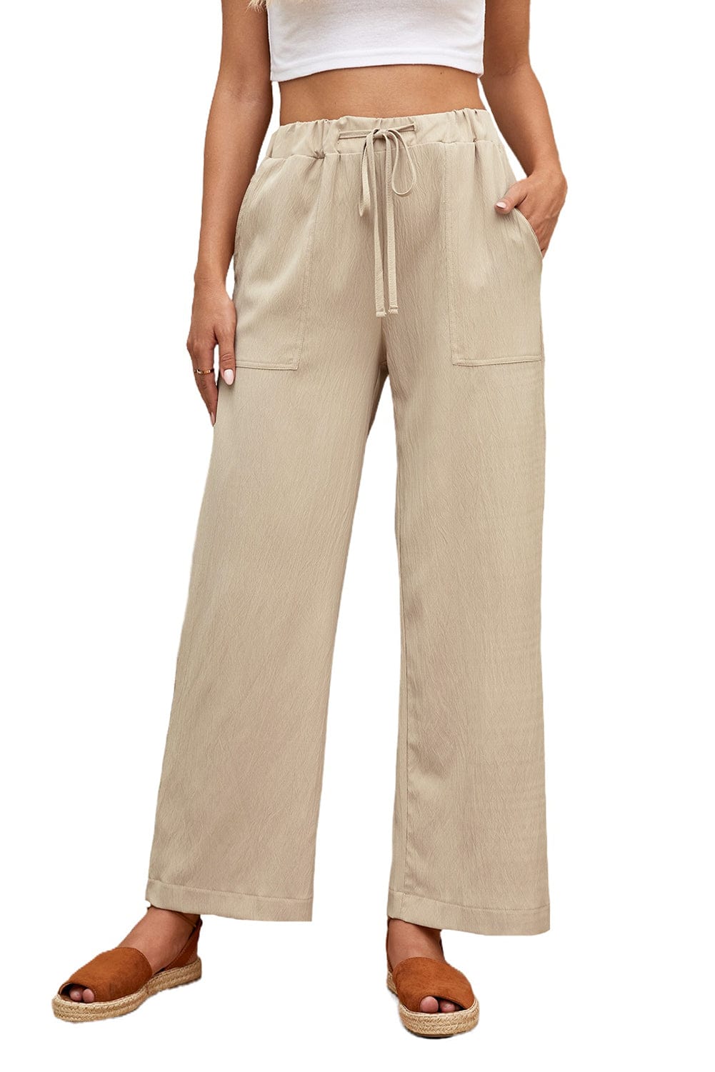 Khaki Crinkled Wide Leg Pants with Drawstring Waist