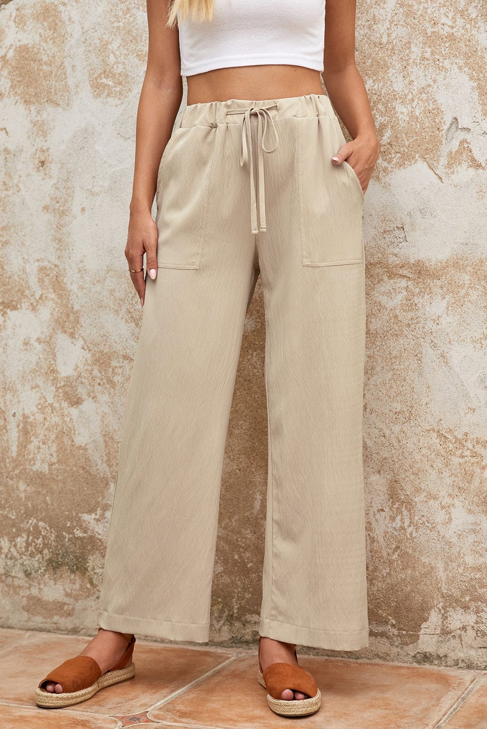 Khaki Crinkled Wide Leg Pants with Drawstring Waist