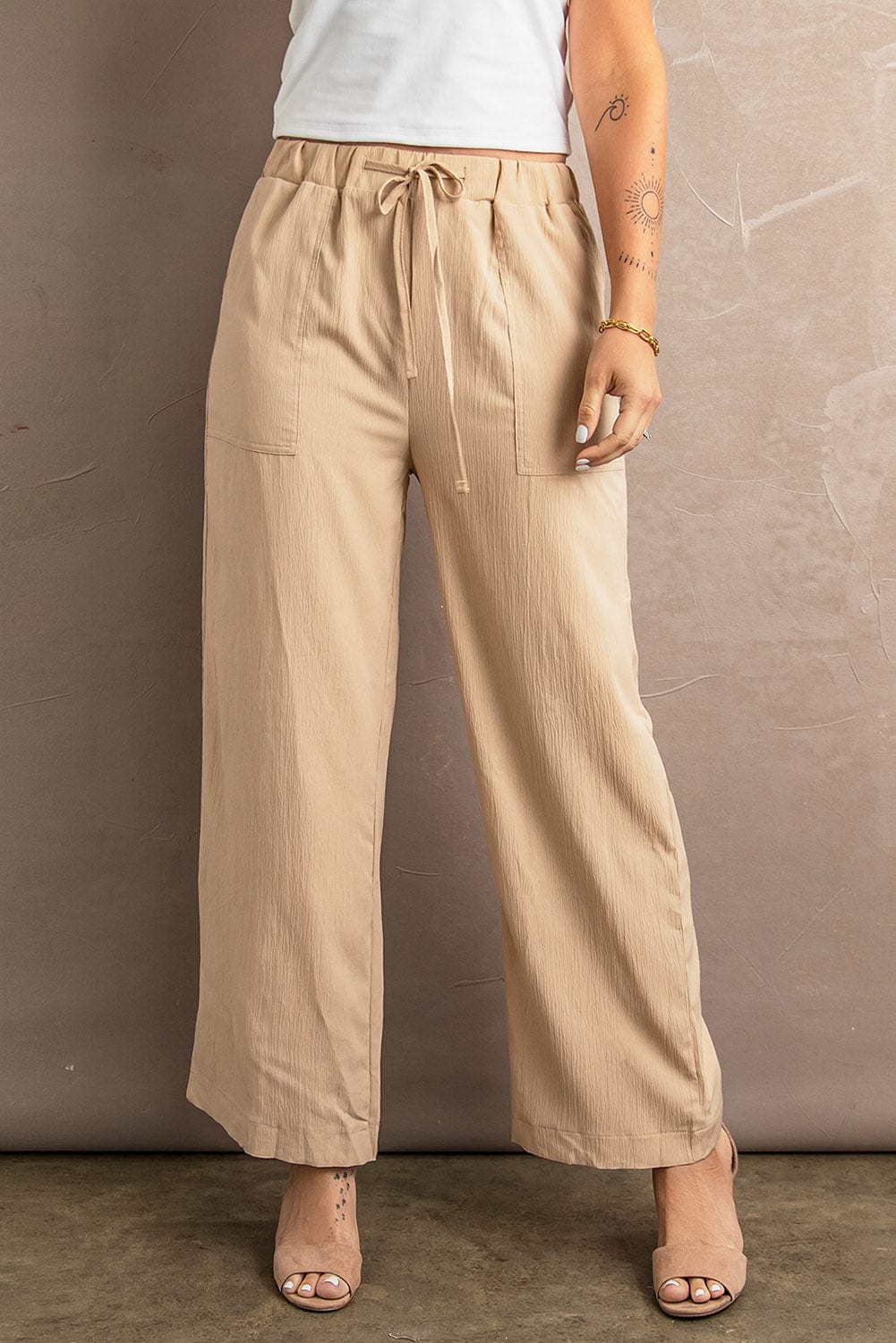 Khaki Crinkled Wide Leg Pants with Drawstring Waist
