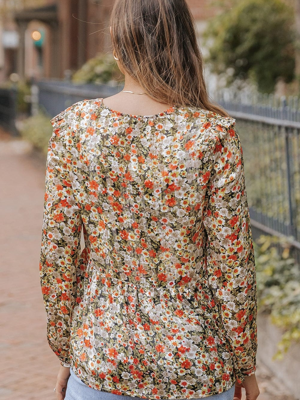 Khaki Floral Babydoll Blouse with V Neck and Ruffled Details