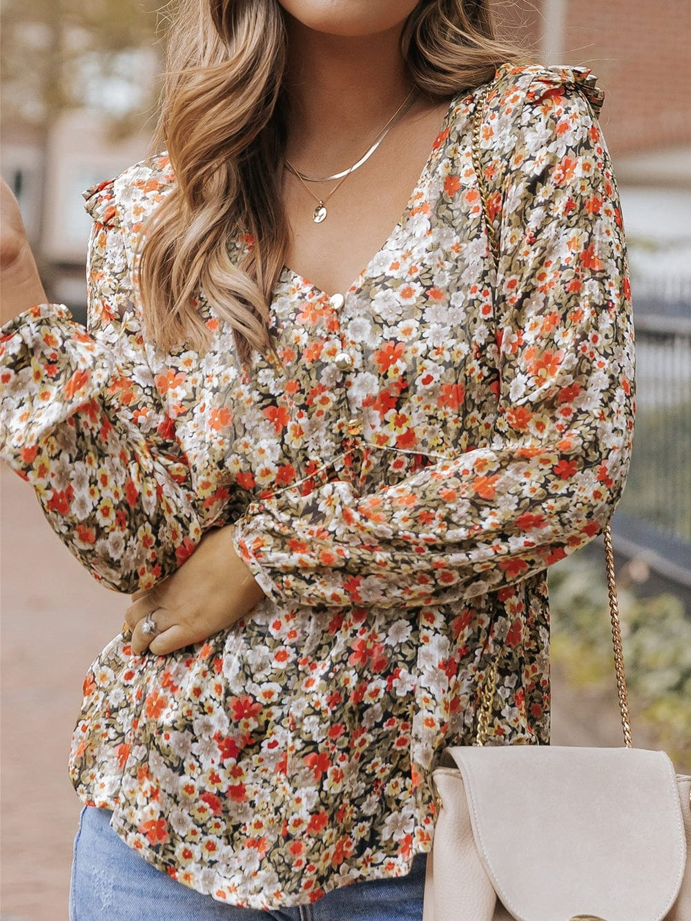 Khaki Floral Babydoll Blouse with V Neck and Ruffled Details