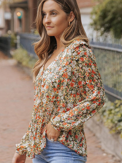 Khaki Floral Babydoll Blouse with V Neck and Ruffled Details