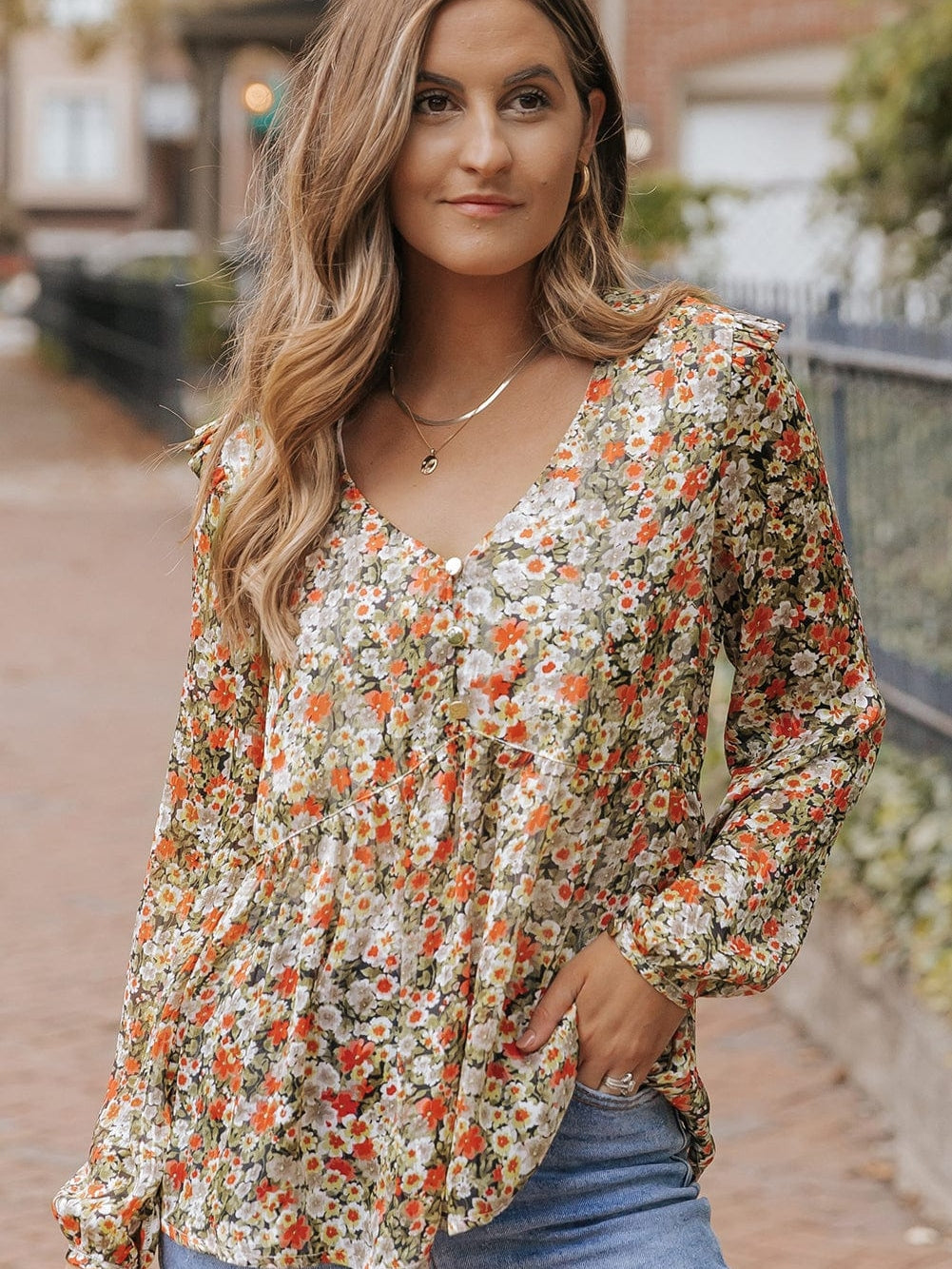 Khaki Floral Babydoll Blouse with V Neck and Ruffled Details