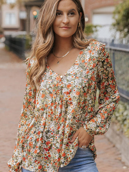Khaki Floral Babydoll Blouse with V Neck and Ruffled Details