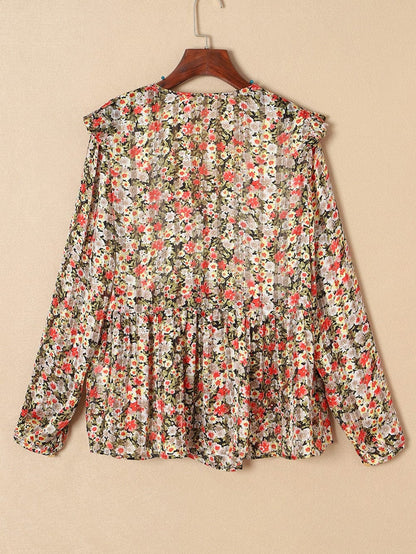 Khaki Floral Babydoll Blouse with V Neck and Ruffled Details