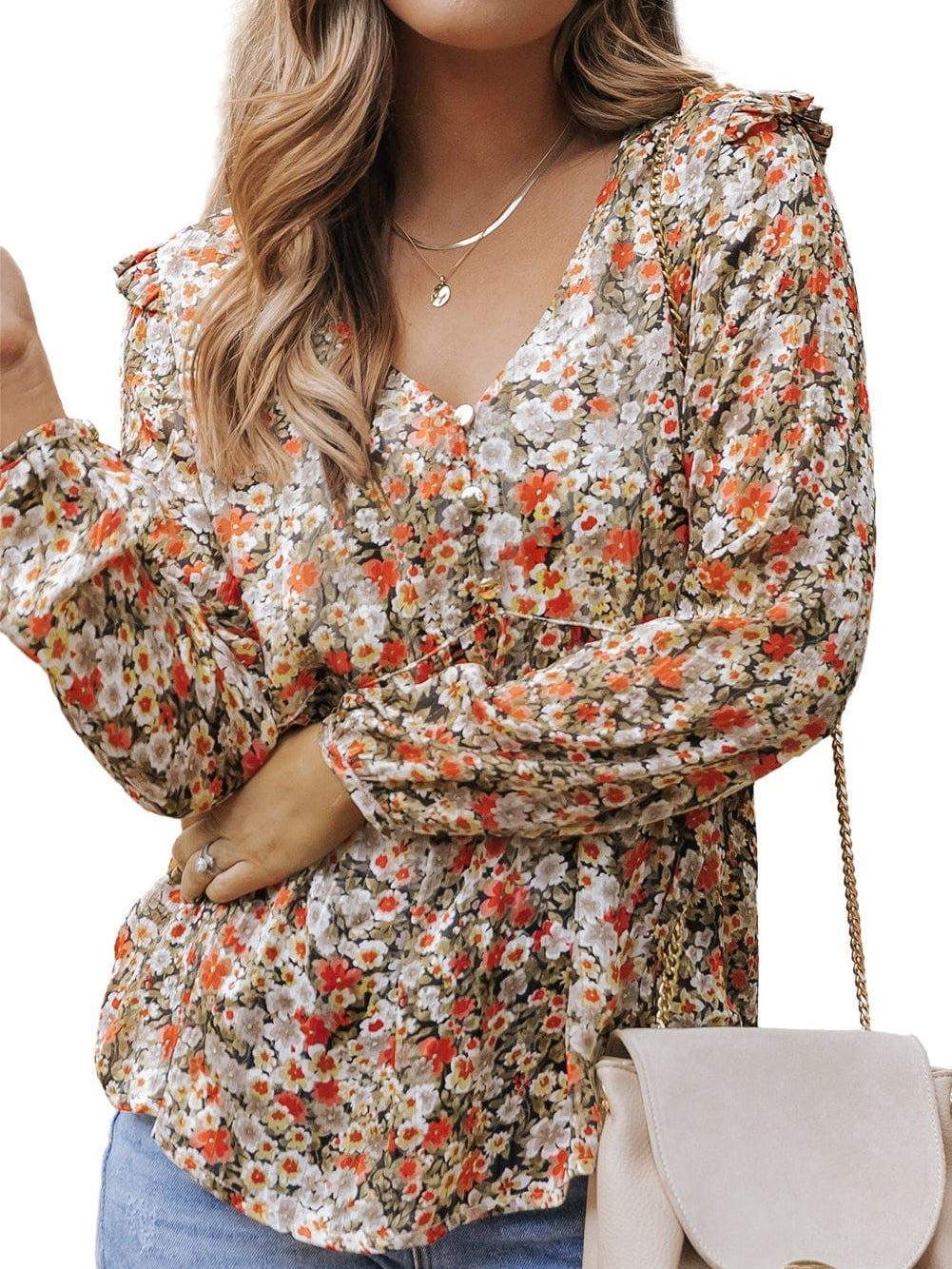 Khaki Floral Babydoll Blouse with V Neck and Ruffled Details