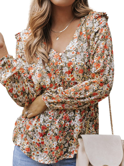 Khaki Floral Babydoll Blouse with V Neck and Ruffled Details