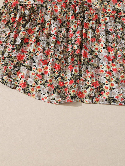 Khaki Floral Babydoll Blouse with V Neck and Ruffled Details