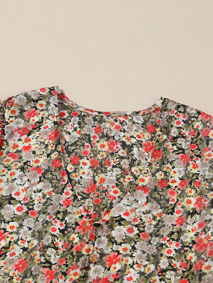 Khaki Floral Babydoll Blouse with V Neck and Ruffled Details