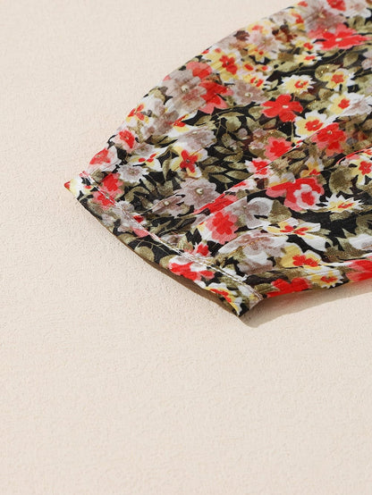 Khaki Floral Babydoll Blouse with V Neck and Ruffled Details