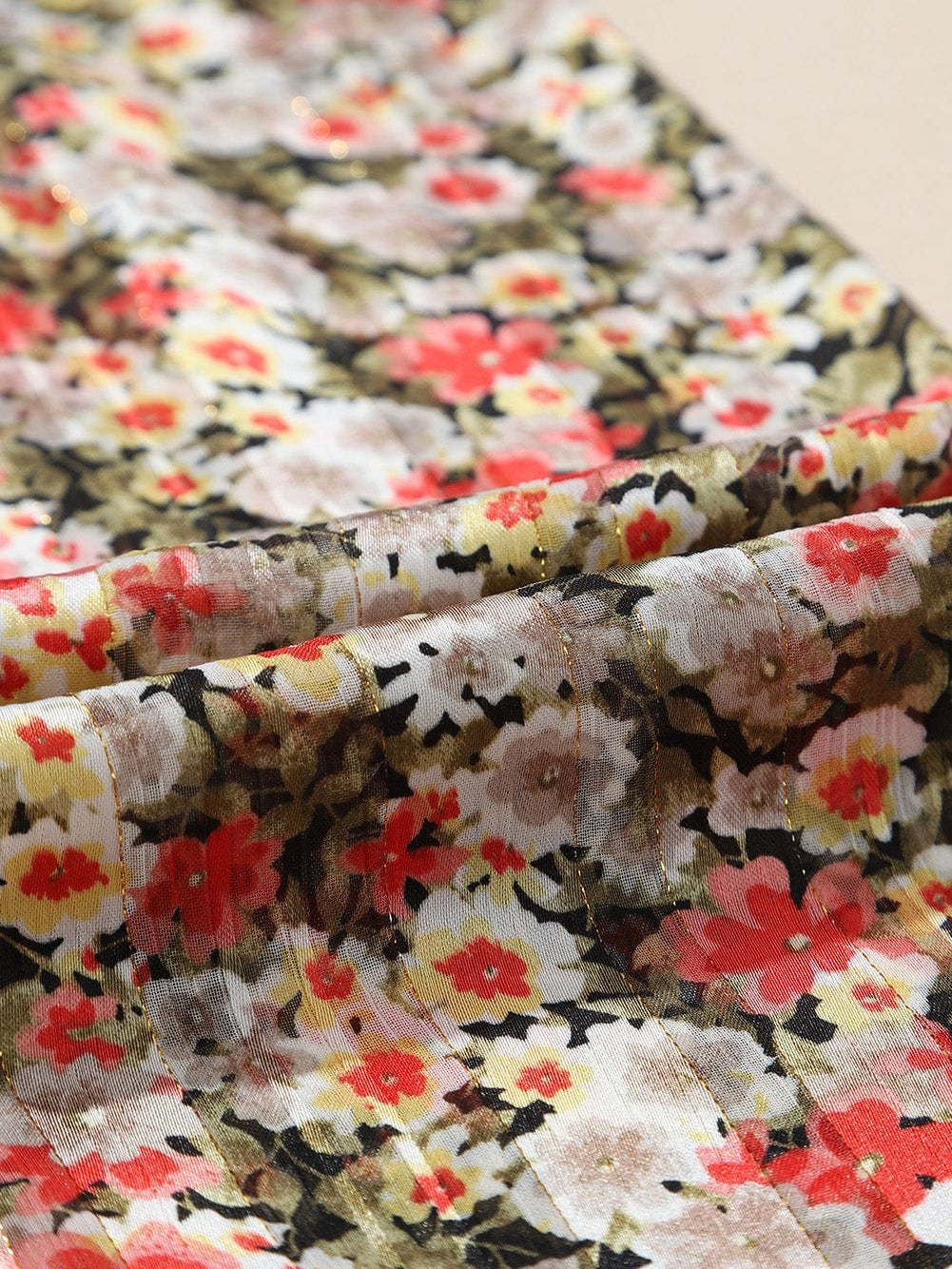 Khaki Floral Babydoll Blouse with V Neck and Ruffled Details