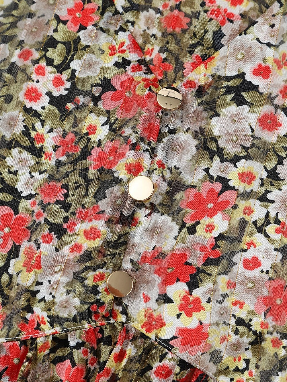 Khaki Floral Babydoll Blouse with V Neck and Ruffled Details