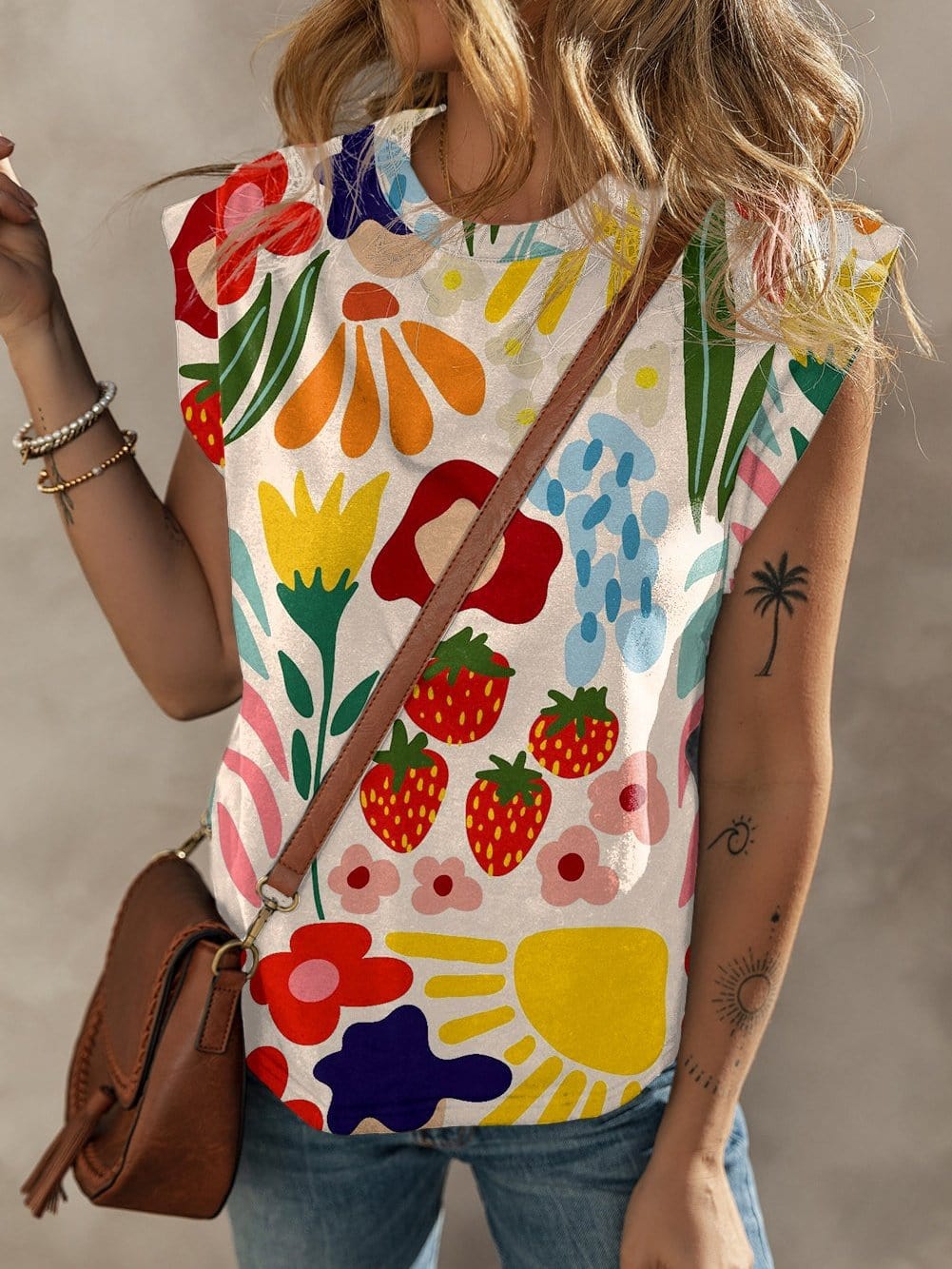 Khaki Floral Print Short Sleeve Round Neck T-Shirt