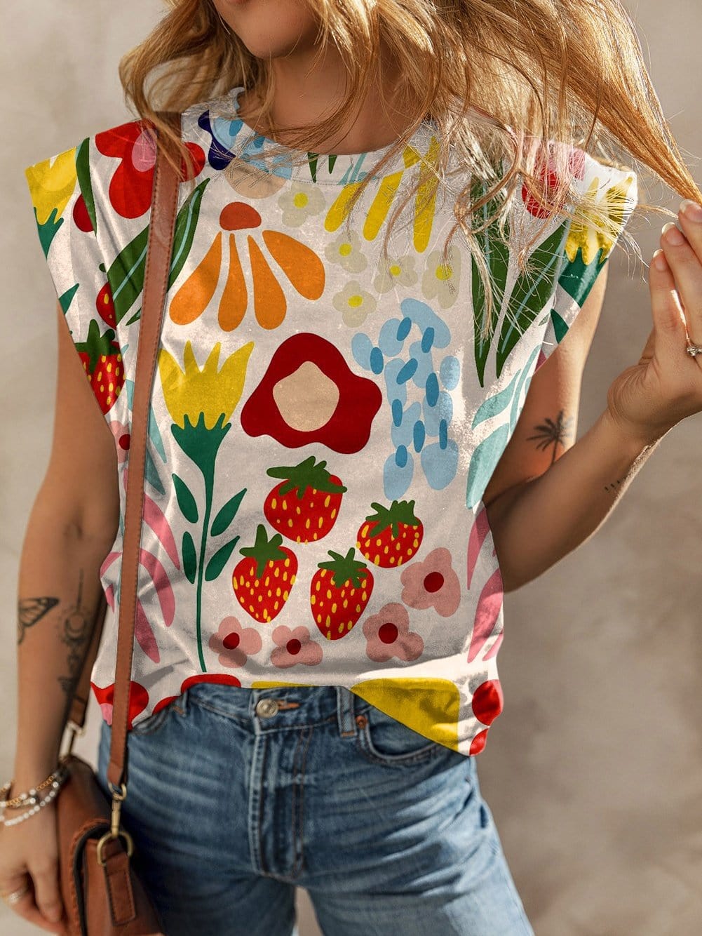 Khaki Floral Print Short Sleeve Round Neck T-Shirt