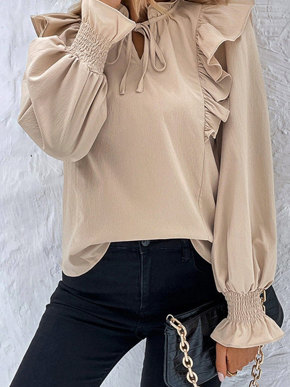 Khaki Flounce Sleeve Ruffle Blouse