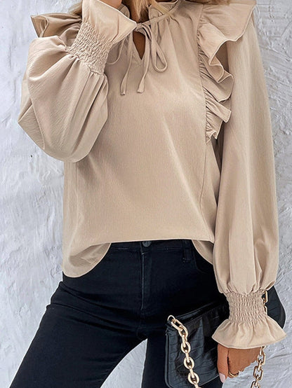 Khaki Flounce Sleeve Ruffle Blouse