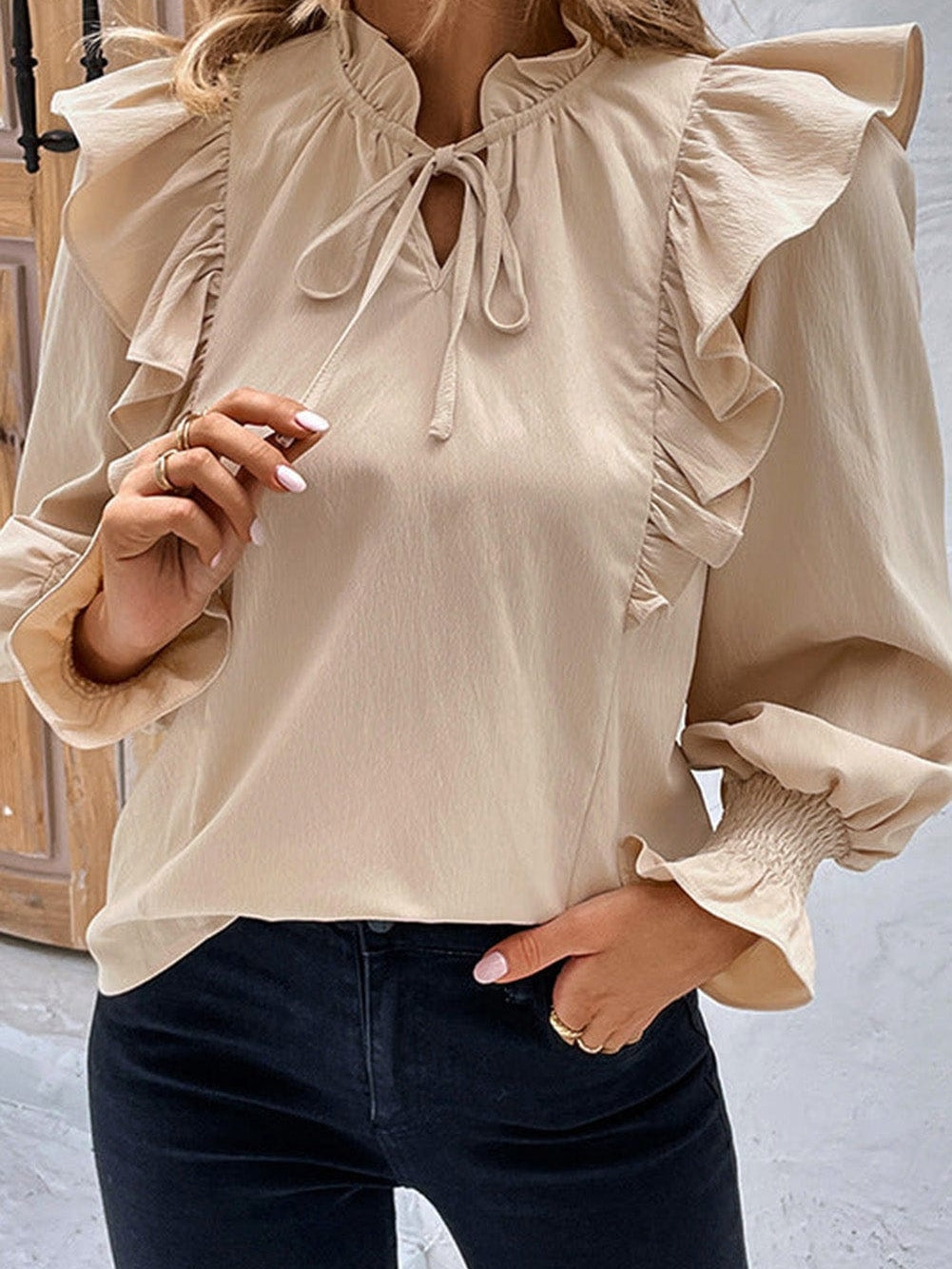 Khaki Flounce Sleeve Ruffle Blouse